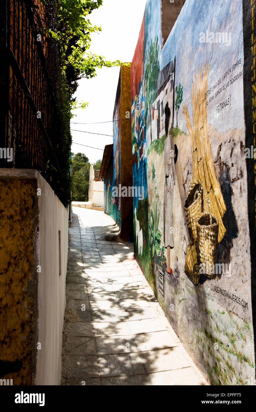 Murals in the San Isidro barrio of Orihuela, painted in tribute to poet Miguel Hernandez, imprisoned by Franco Stock Photo