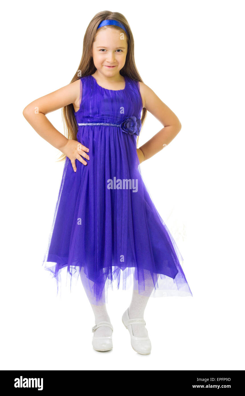 Little girl in blue dress isolated Stock Photo - Alamy