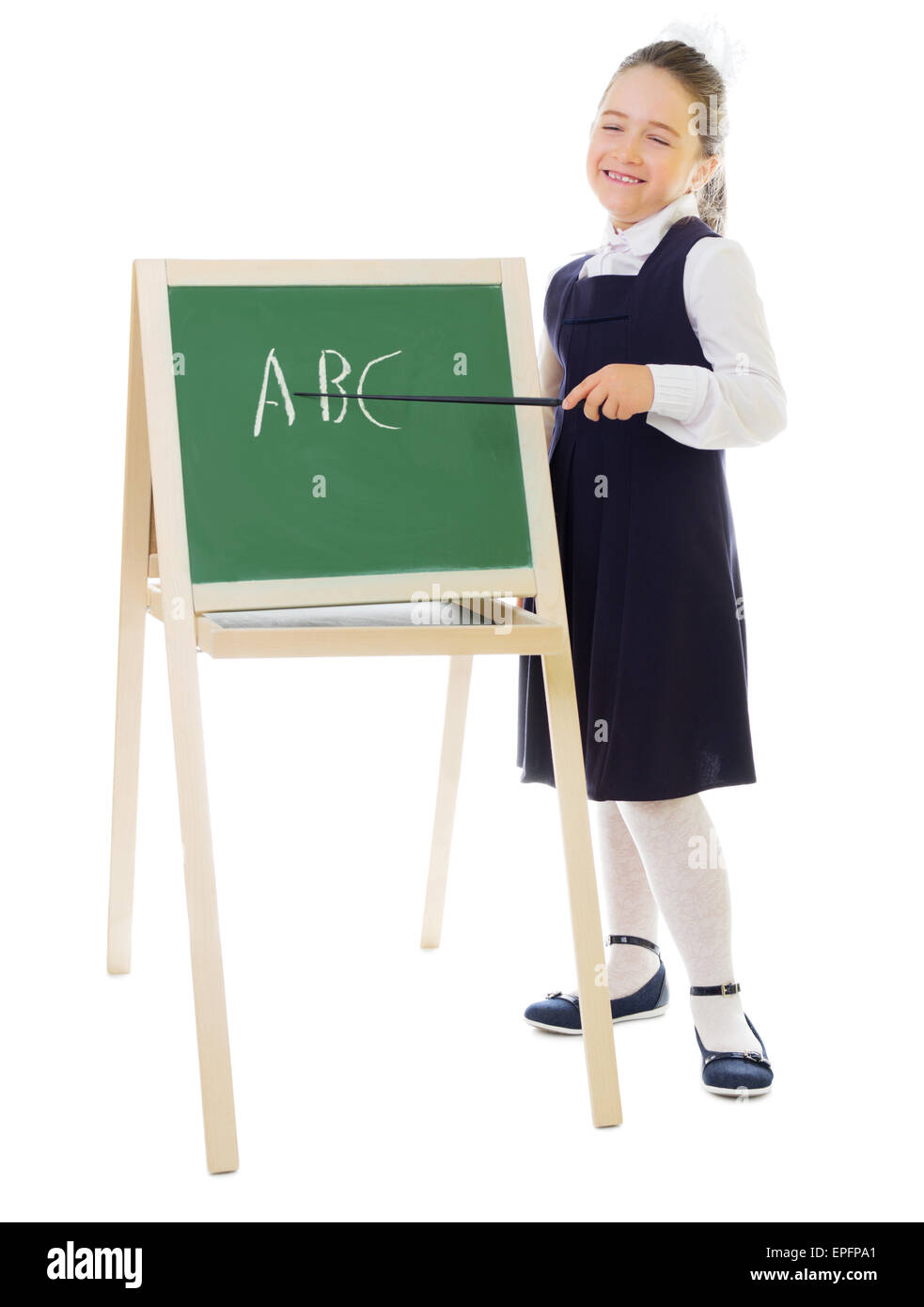 Little smiling schoolgirl with blackboard isolated Stock Photo