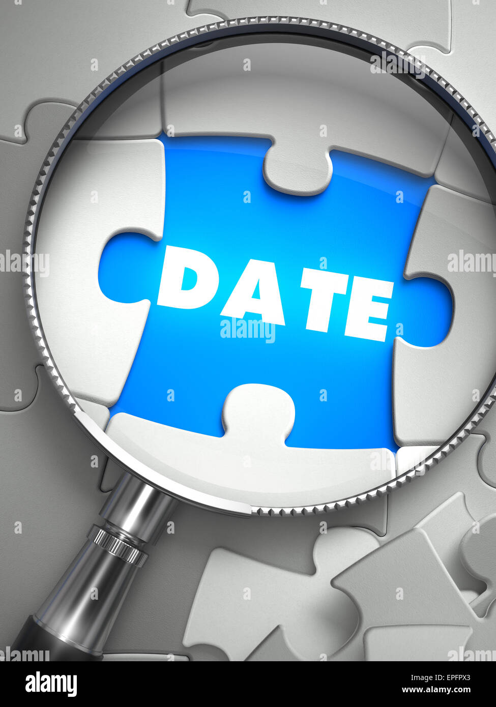 Date - Puzzle with Missing Piece through Loupe. 3d Illustration with Selective Focus. Stock Photo