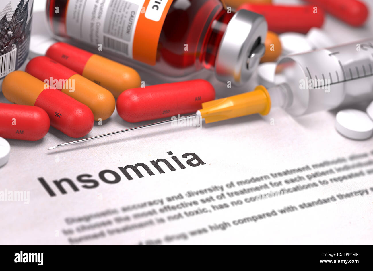 No Sleep Injection Diagnosis - Insomnia. Medical Concept with Red Pills, Injections and ...