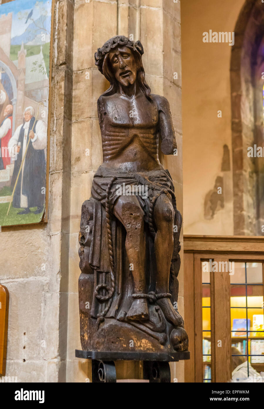 The 'Mostyn Christ', a 15thC oak carving, Bangor Cathedral, Bangor, Gwynedd, Wales, UK Stock Photo