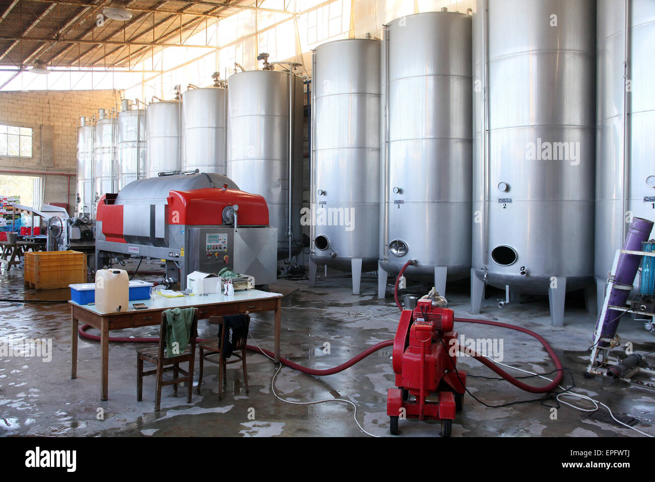 Tanks in the Cremisan Winery operated and managed by the Salesian Don Bosco Congregation. Beit Jala near Bethlehem, Palestine Stock Photo
