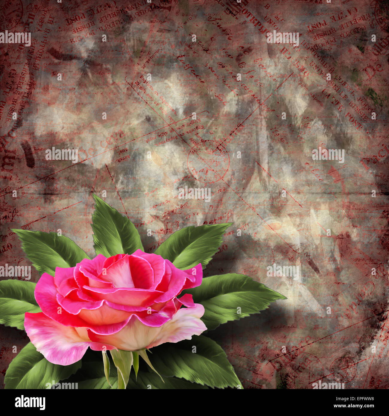 Beautiful hand drawn rose branch and sheet of paper on abstract ...