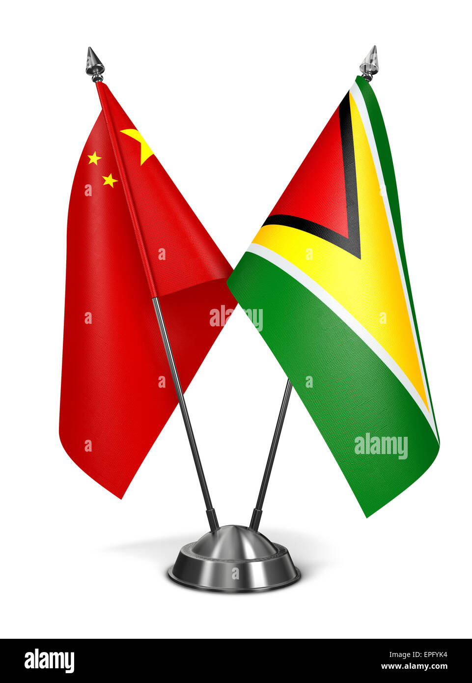 China and Guyana - Miniature Flags Isolated on White Background. Stock Photo