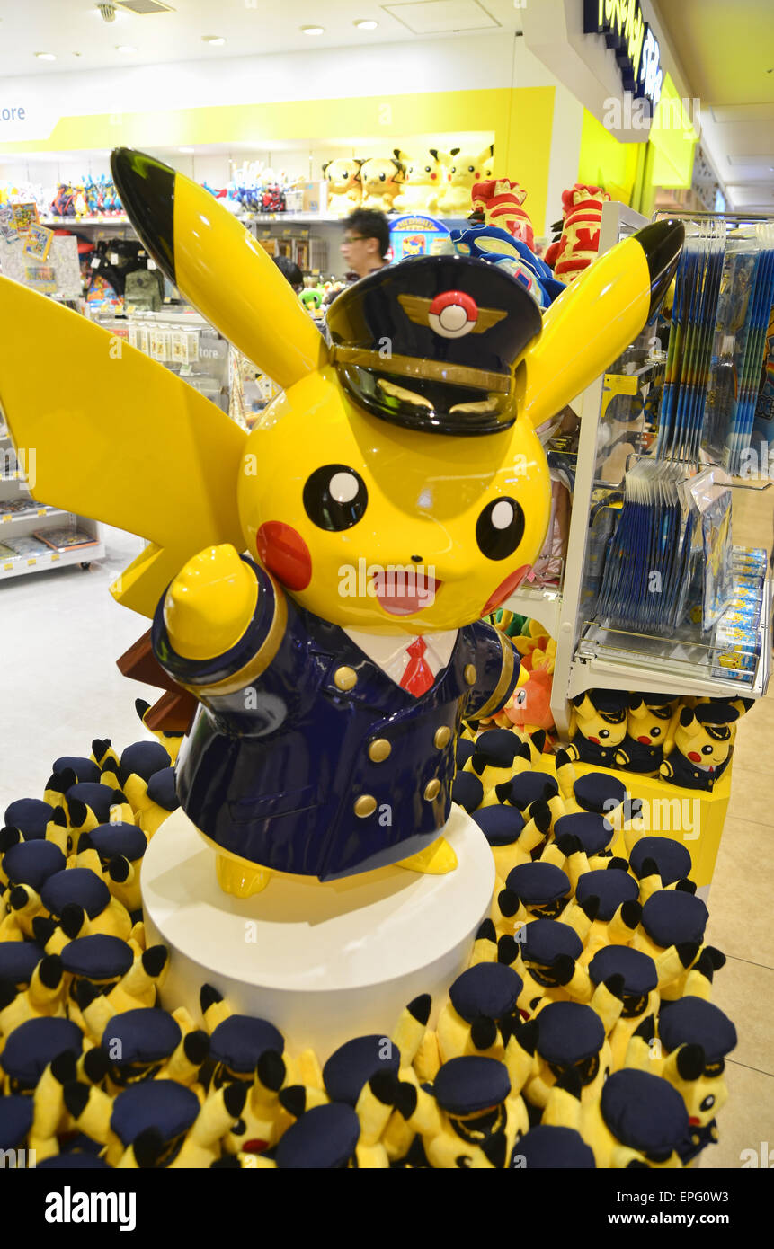 Pikachu statue dressing as a pilot in front of Pokemon Store in New Chitose Airport Stock Photo