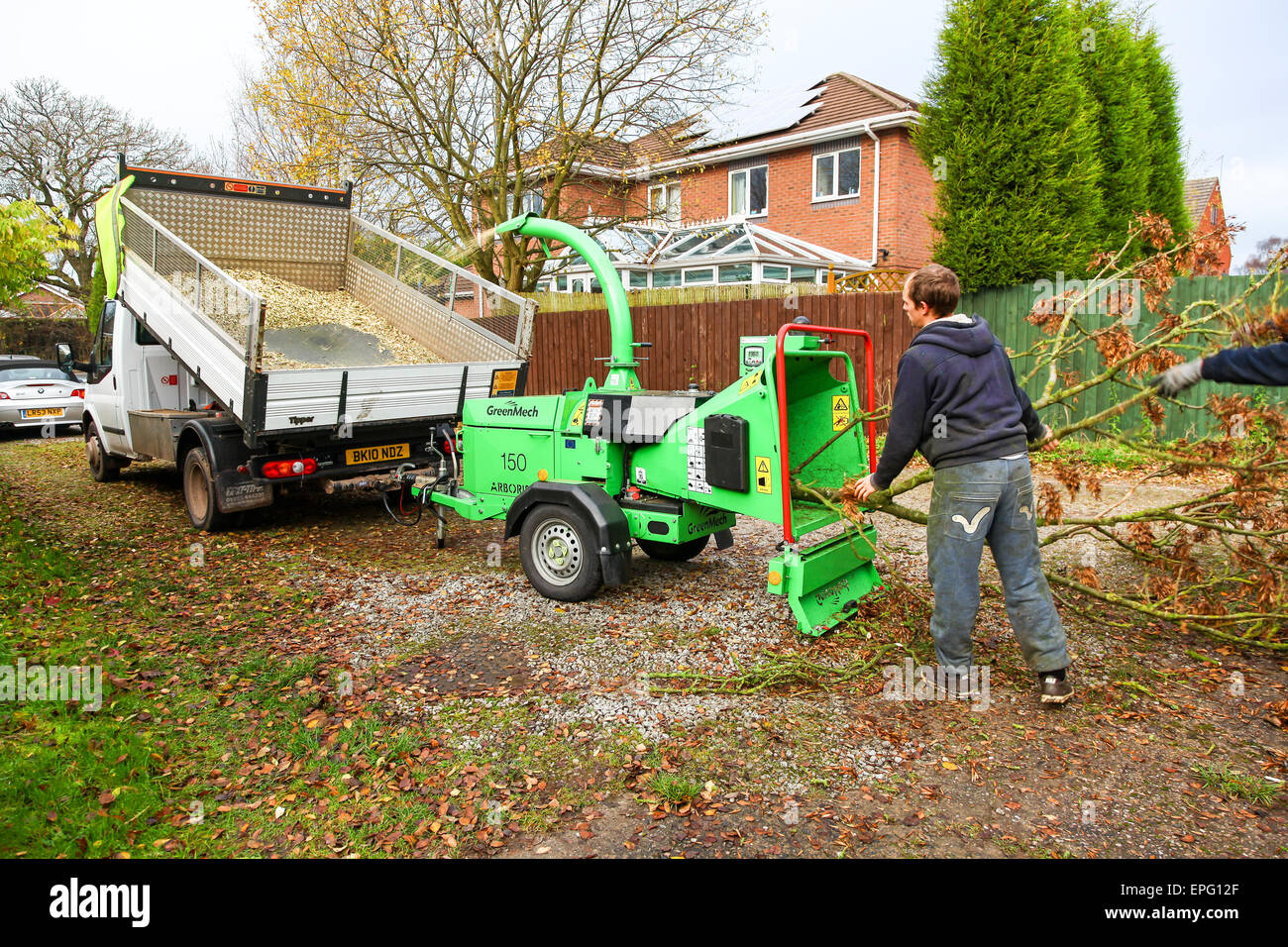 A GreenMech Arborist 150 Wood Chipper fitted to the back of a truck Stock Photo