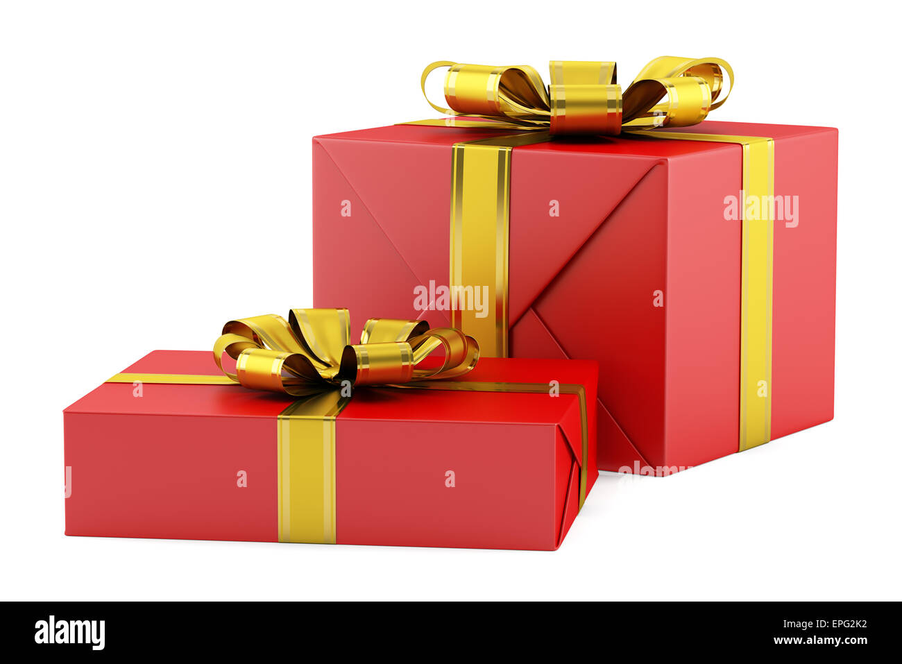 two red gift boxes with golden ribbons isolated Stock Photo Alamy