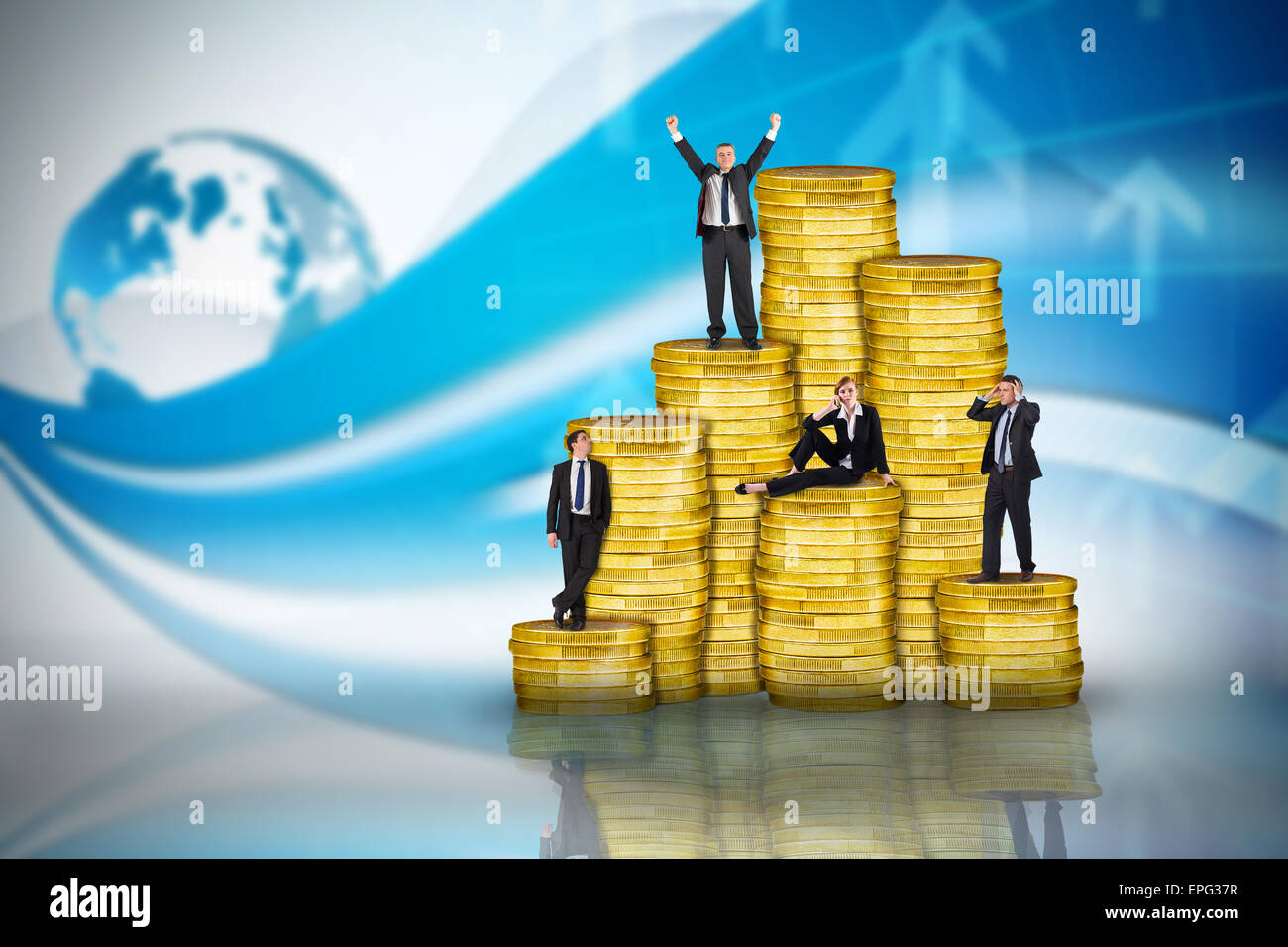 Composite image of business people on pile of coins Stock Photo