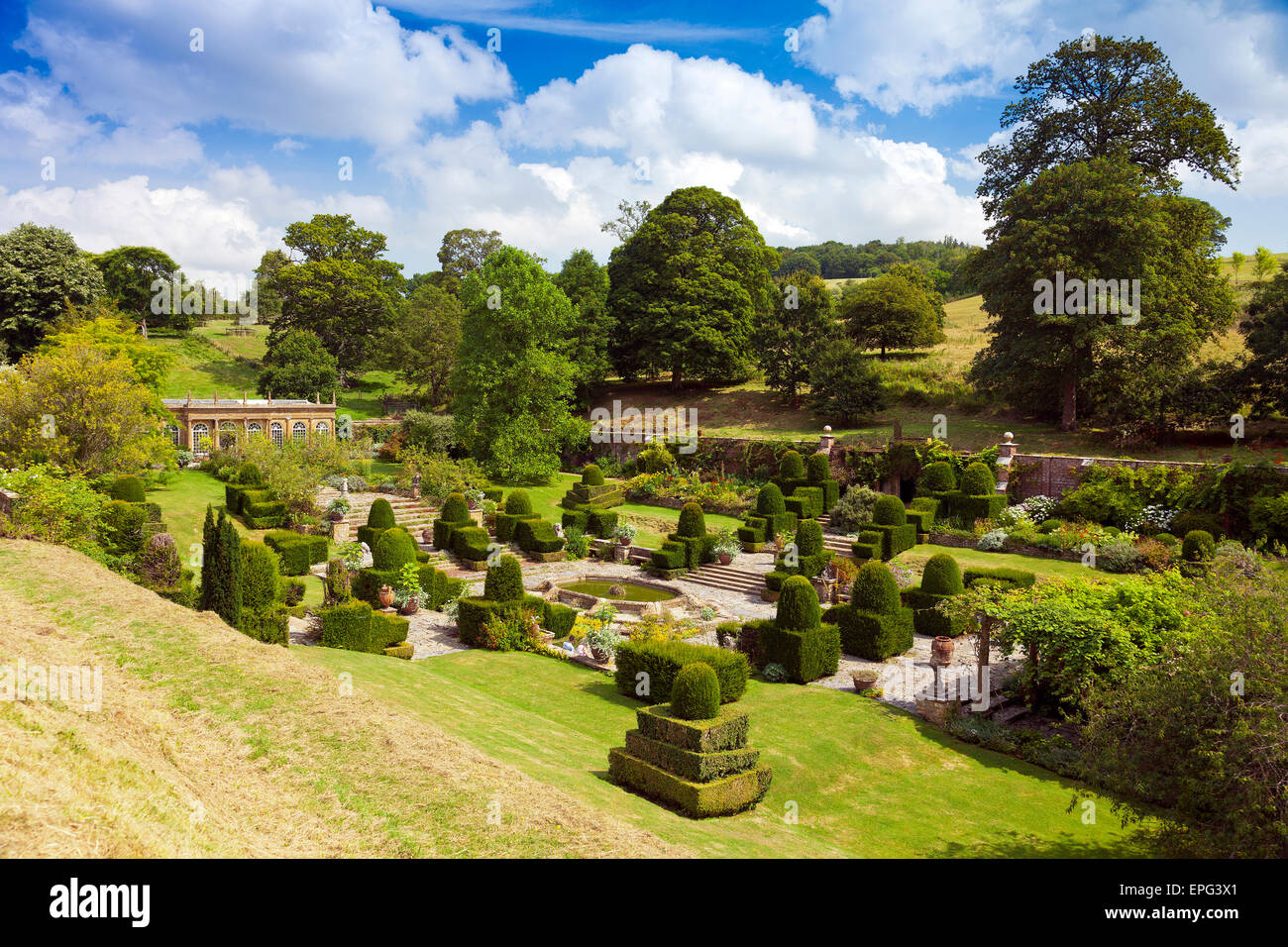 The italianate garden with its elegant topiary at Mapperton House, nr ...