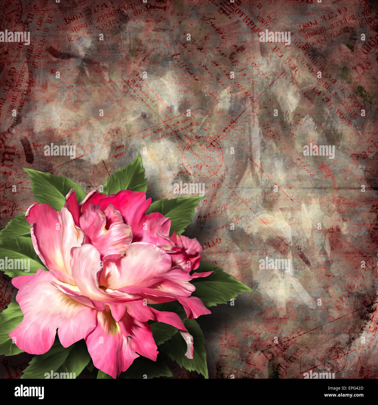 Beautiful hand drawn rose branch and sheet of paper on abstract ...