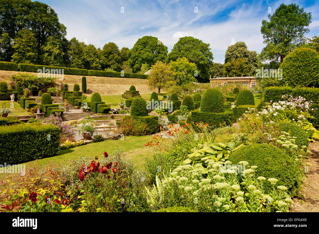 The italianate garden with its elegant topiary at Mapperton House, nr Beaminster, Dorset, England, UK Stock Photo