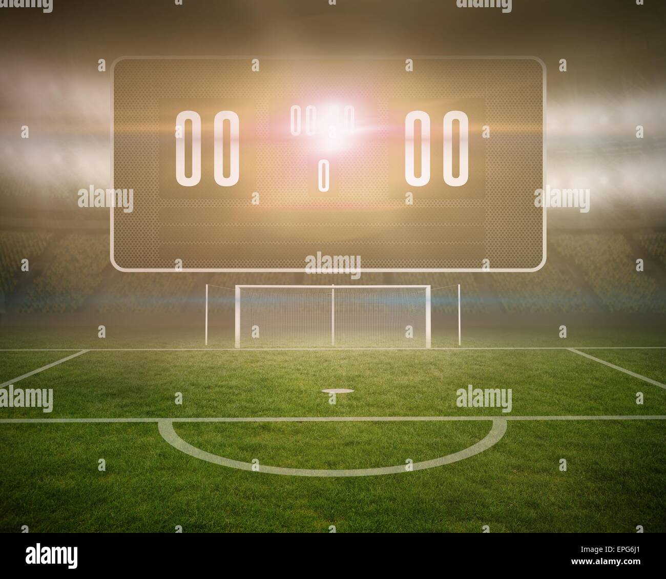 Football pitch with goalpost and scoreboard Stock Photo Alamy