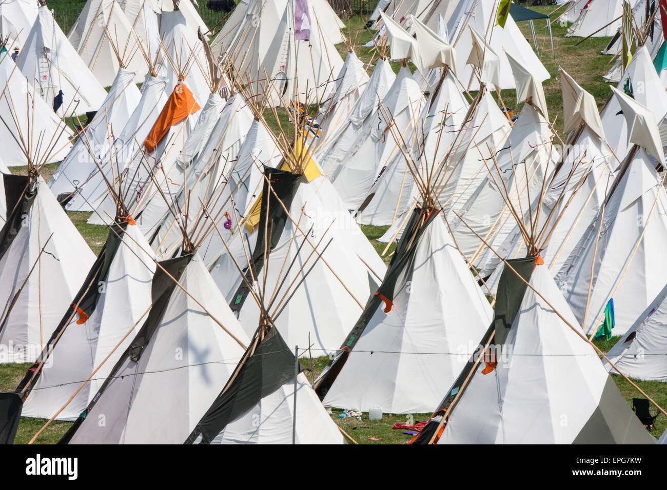 Glamping.Tepee/ tipi,wigwam, tents, available to hire at luxury tent teepee village/Tipi Field, an exclusive area, at, Glastonbury Festival,/ 'Glasto Stock Photo