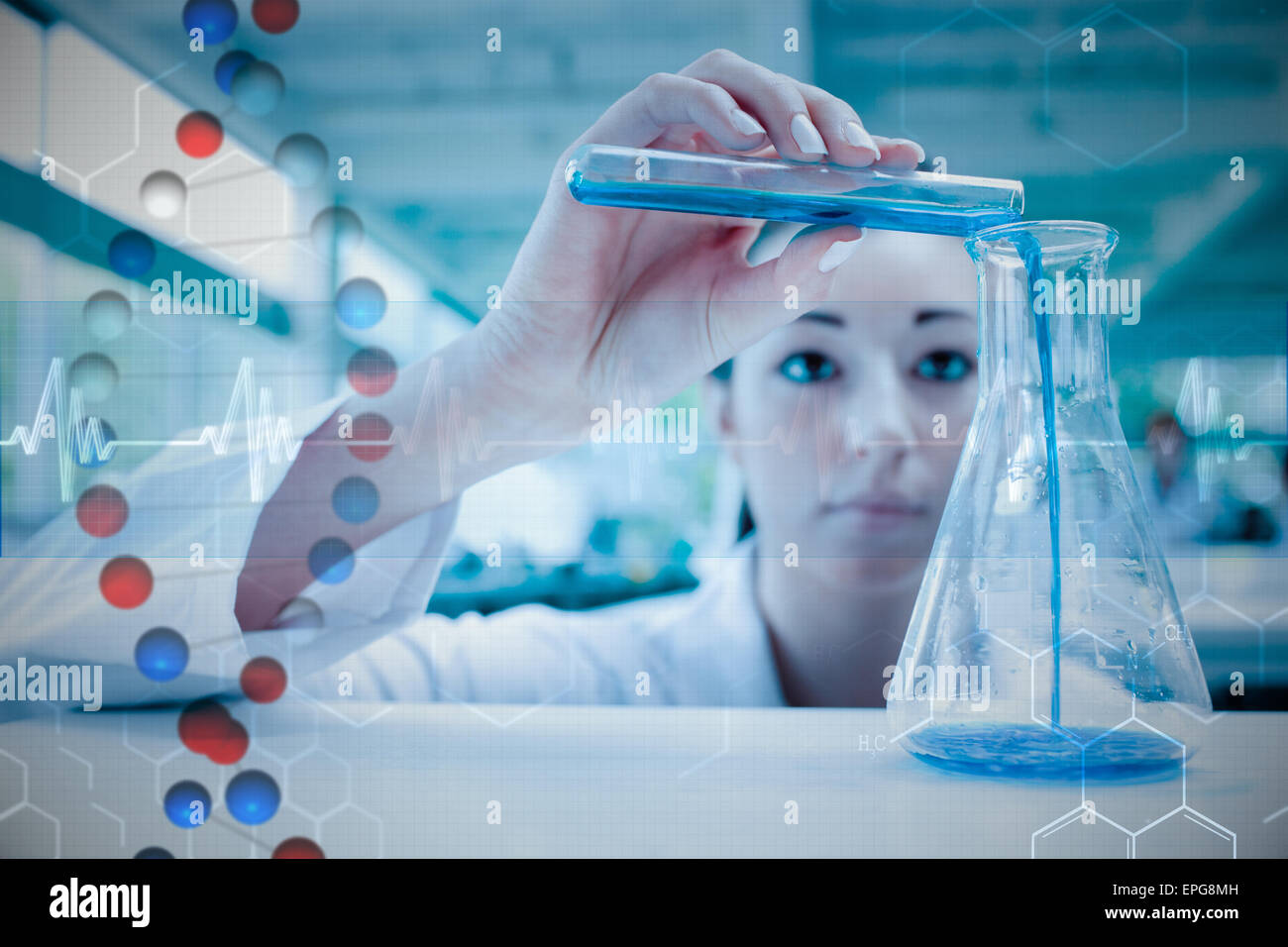 Composite image of scientist pouring a liquid in an erlenmeyer flask