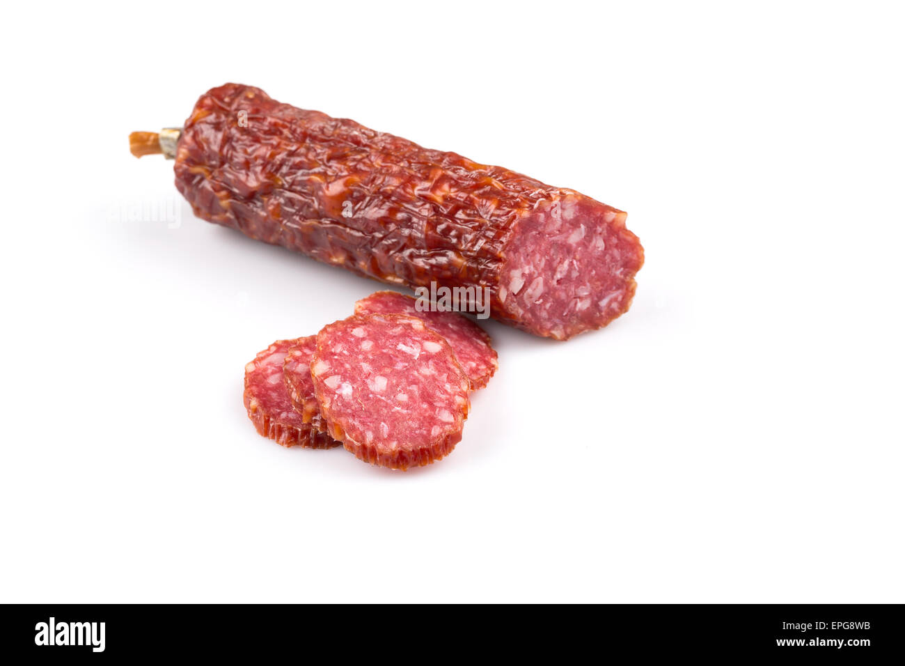 sliced salami isolated on a white background Stock Photo