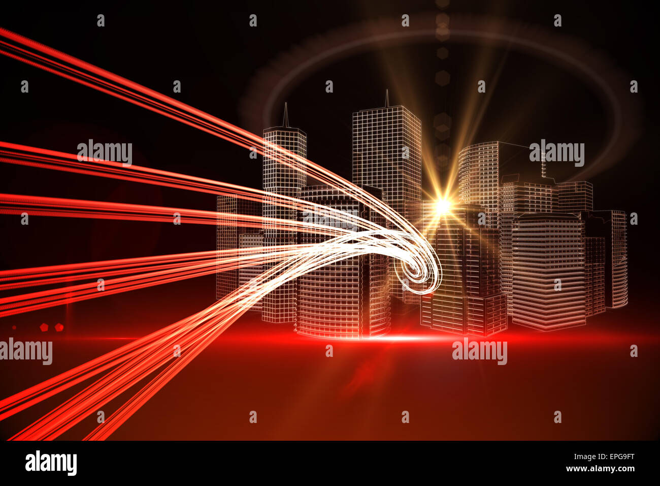 Red light beams over skyscrapers Stock Photo Alamy