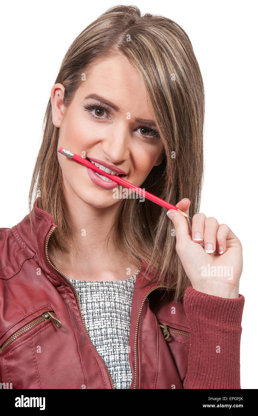 Woman Chewing Pencil Stock Photo