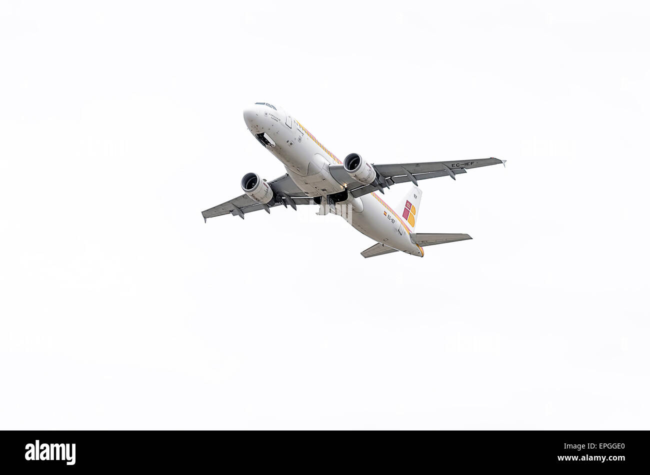 Aircraft -Airbus A320-, of -Iberia- airline, is taking off from Madrid-Barajas -Adolfo Suarez- airport. Stock Photo