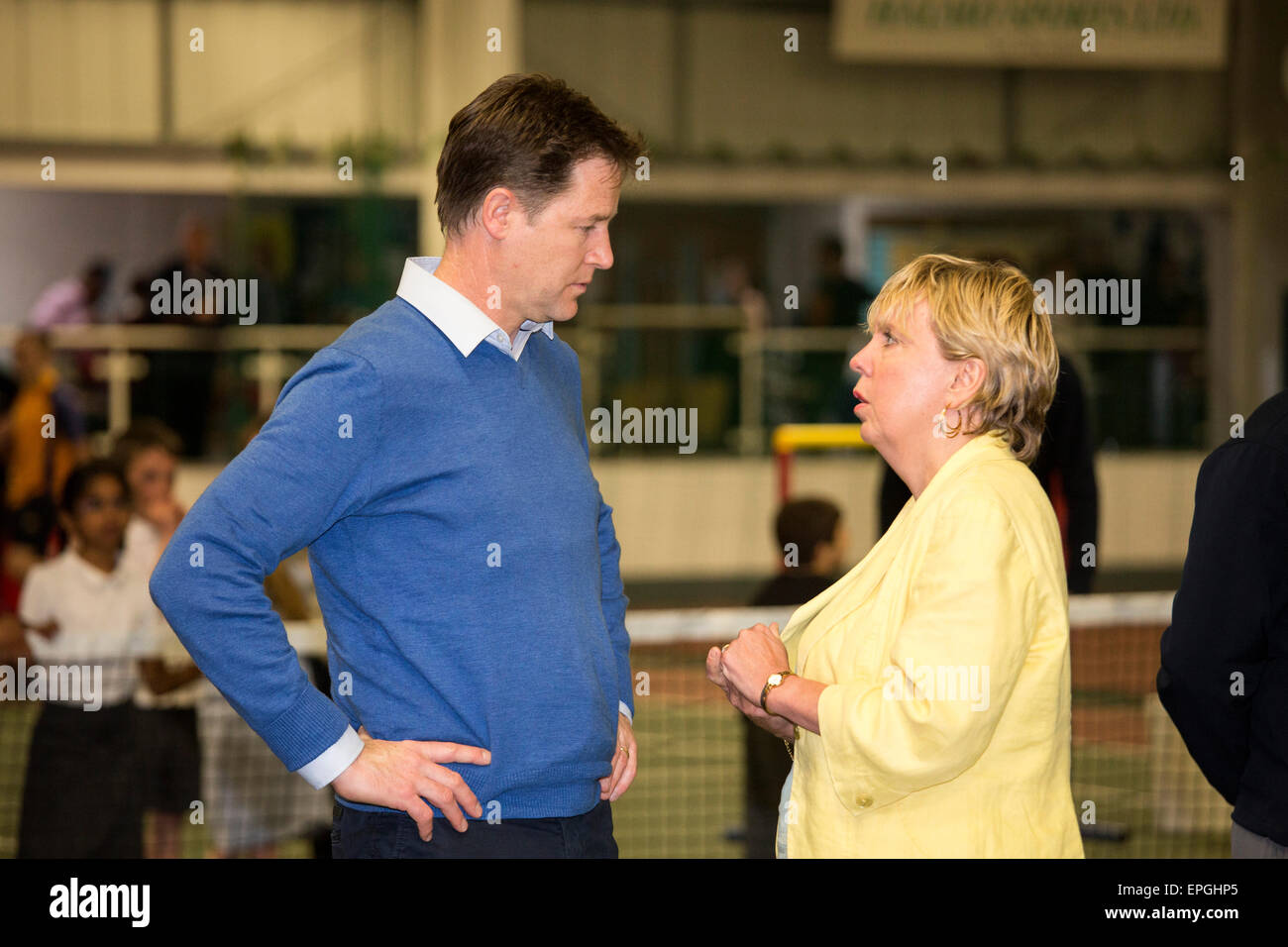 Lib Dem leader and Deputy Prime Minister Nick Clegg visiting Solihull Sports Centre Tudor Grange during the election run in Stock Photo