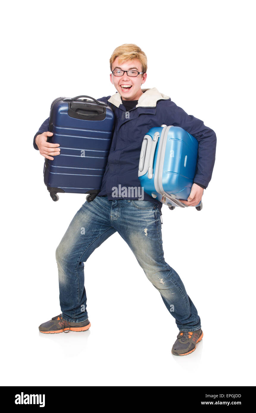 Funny man with luggage on white Stock Photo - Alamy