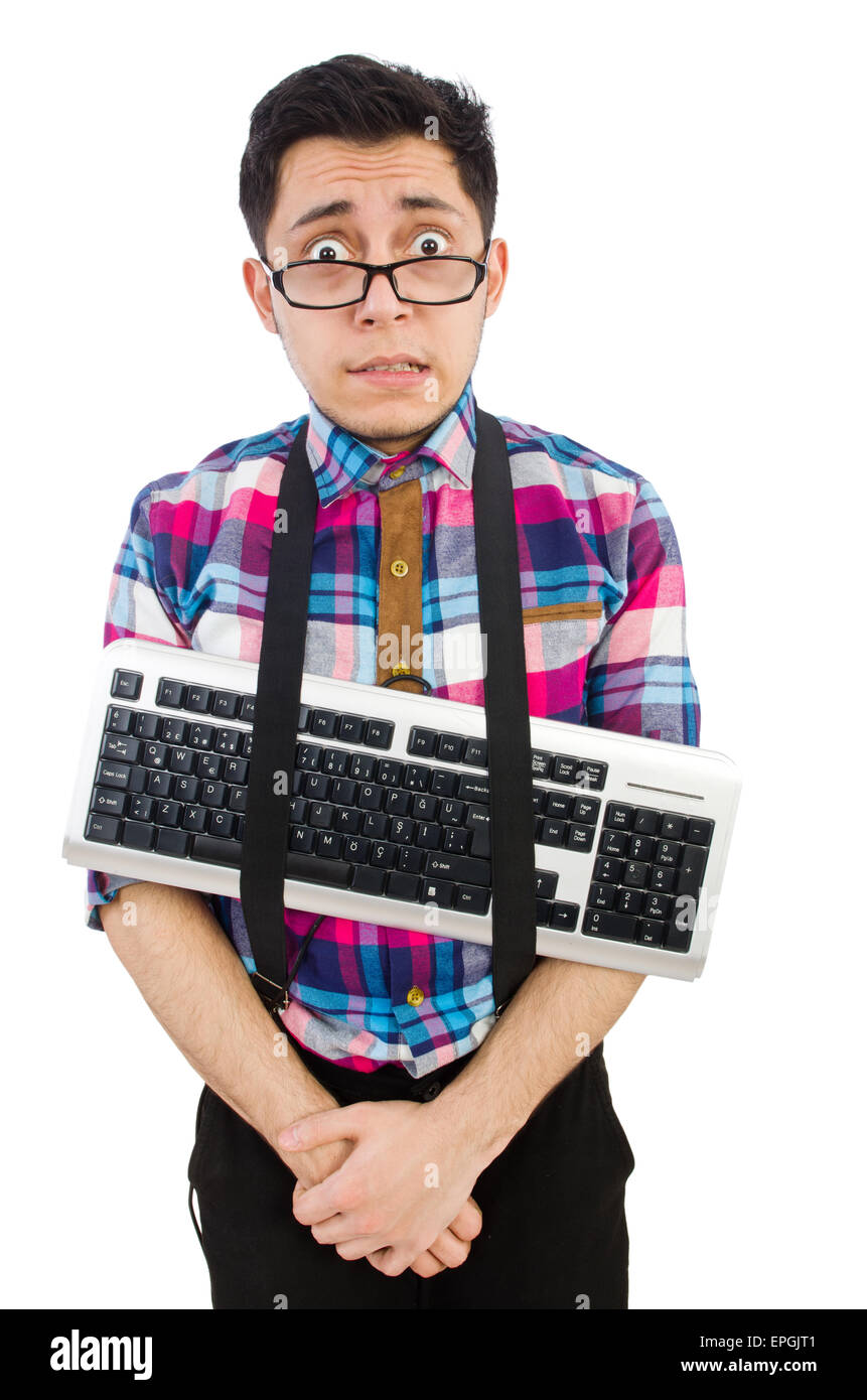 Nerd Using Keybords Computer nerd with keyboard isolated on white Stock Photo - Alamy