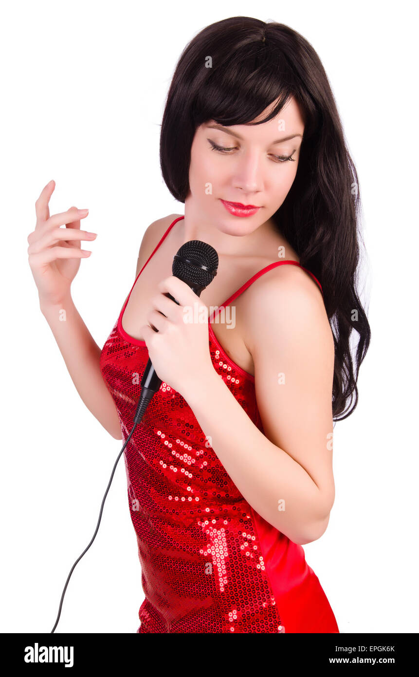 Woman in red dress singing songs Stock Photo - Alamy