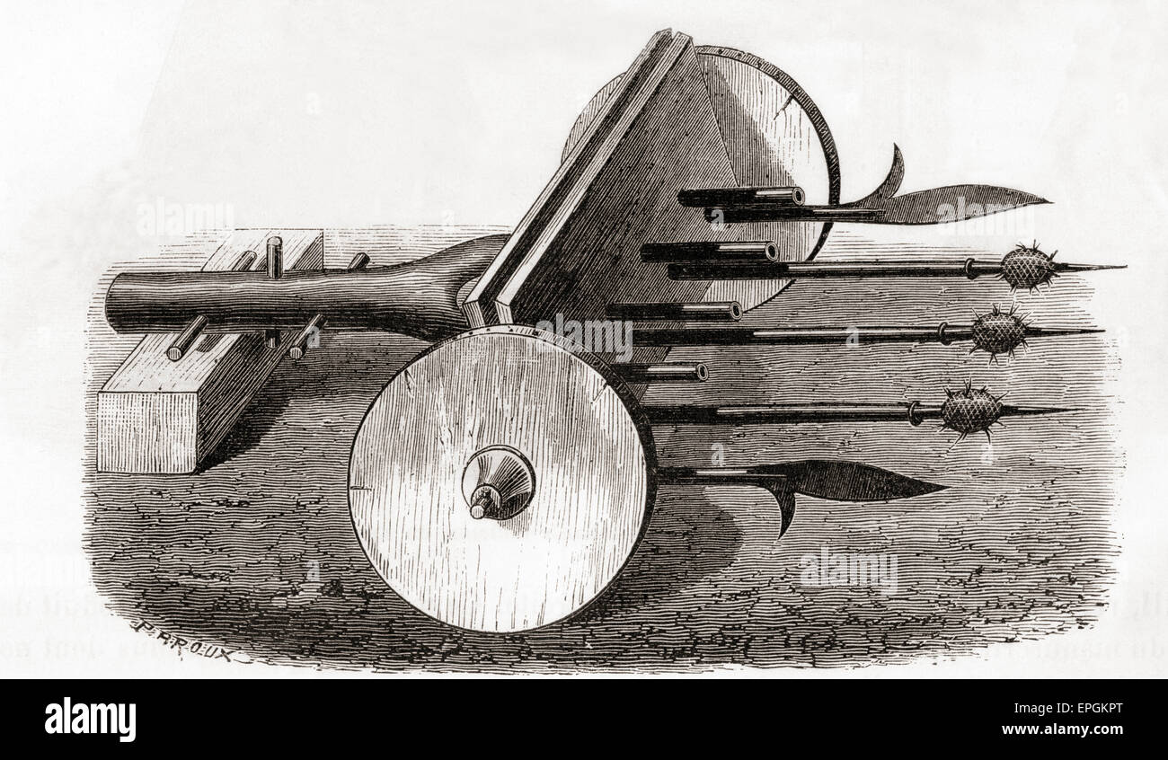 A Ribauldequin, aka rabauld, ribault, ribaudkin, infernal machine or organ gun, armed with small cannon and pikes.  A 14th century volley gun. From Les Merveilles de la Science, published c.1870 Stock Photo