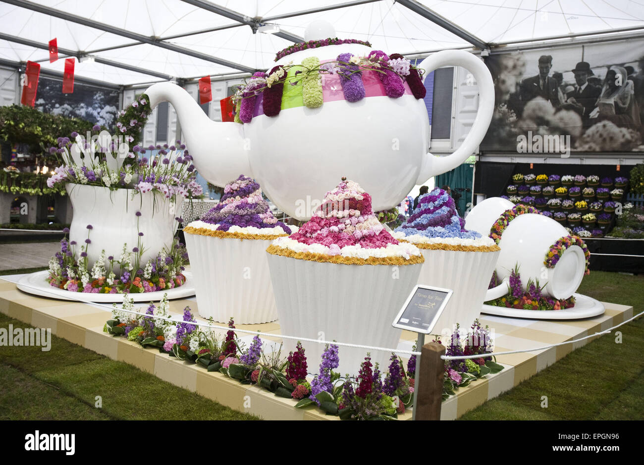 London, UK. 18th May, 2015. Interflora display features larger then life tea pot and a tea cup complete with muffins and buiscits. The Chelsea Flower Show organised by Royal Horticultural Society (RHS) in the grounds of the Royal Hospital Chelsea every May, is the most famous flower show in the United Kingdom, perhaps in the world. It attracts exhibitors and visitors from around the world, London, UK. Credit:  Veronika Lukasova/ZUMA Wire/Alamy Live News Stock Photo