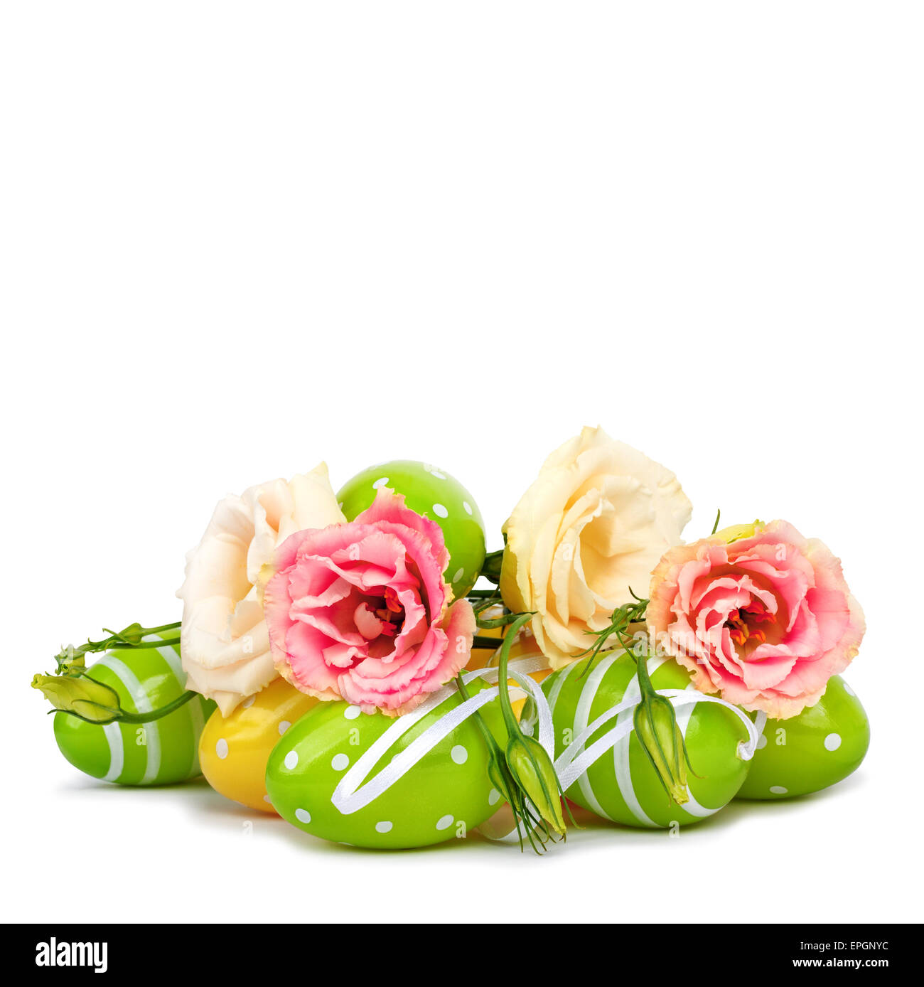 Easter eggs and fun bouquet of flowers isolated on white background ...
