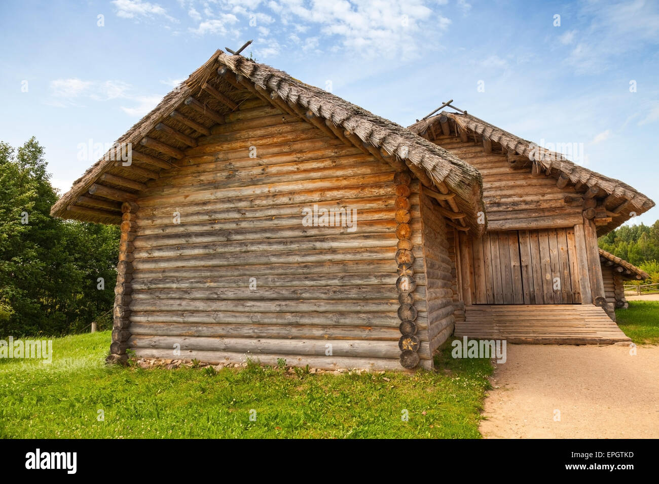 Russian rural wooden architecture example, old barn with locked gate Stock Photo
