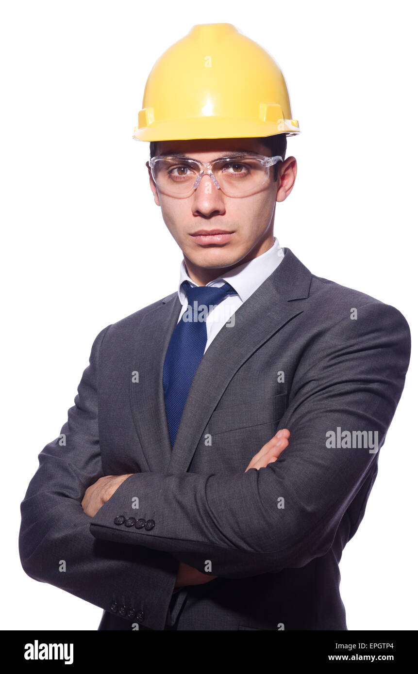 Man wearing hard hat isolated on white Stock Photo Alamy
