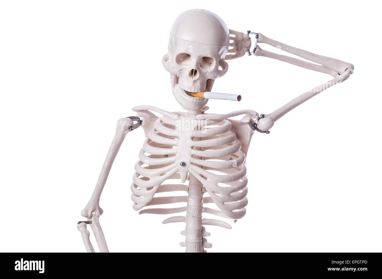 Skeleton smoking cigarette isolated on white Stock Photo
