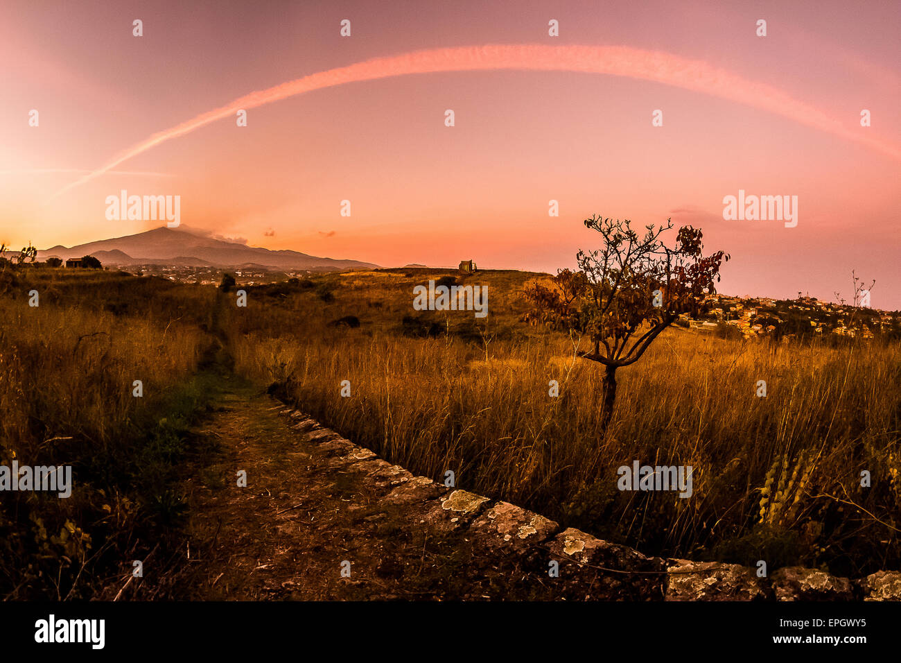 Sicily, Italy.Etna, the view at dusk from Pedara. Stock Photo