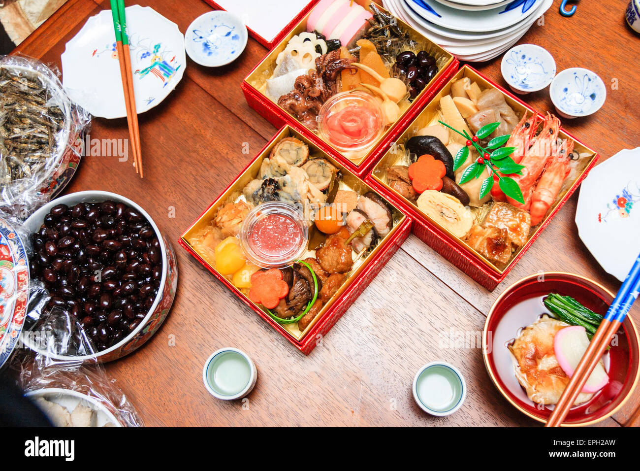 A Japanese new year food set on a table. Called an Osechi-ryori, and ...