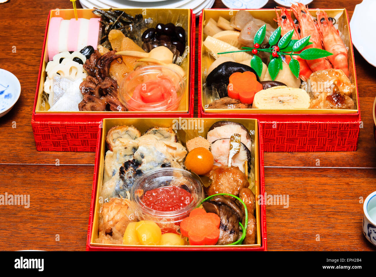 Japan, Table set with Osechi Ryori, a very expensive traditional New ... Japan, Table set with Osechi Ryori, a very expensive traditional New ...