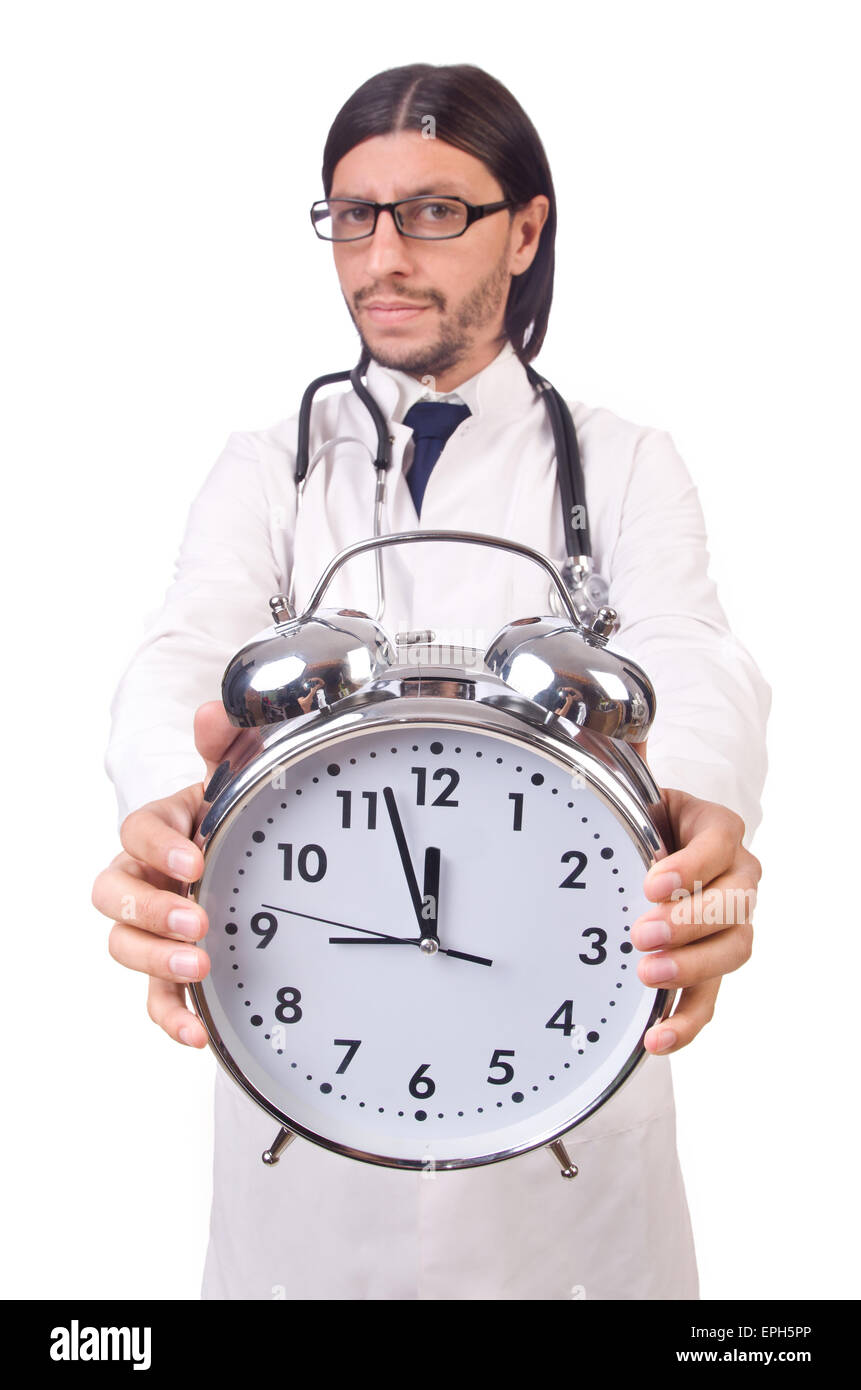 Man doctor with clock isolated on white Stock Photo Alamy