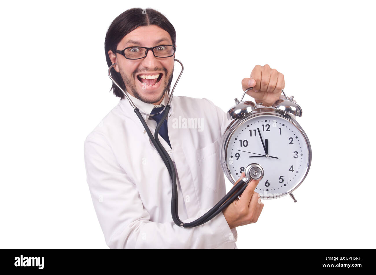 Man doctor with clock isolated on white Stock Photo Alamy
