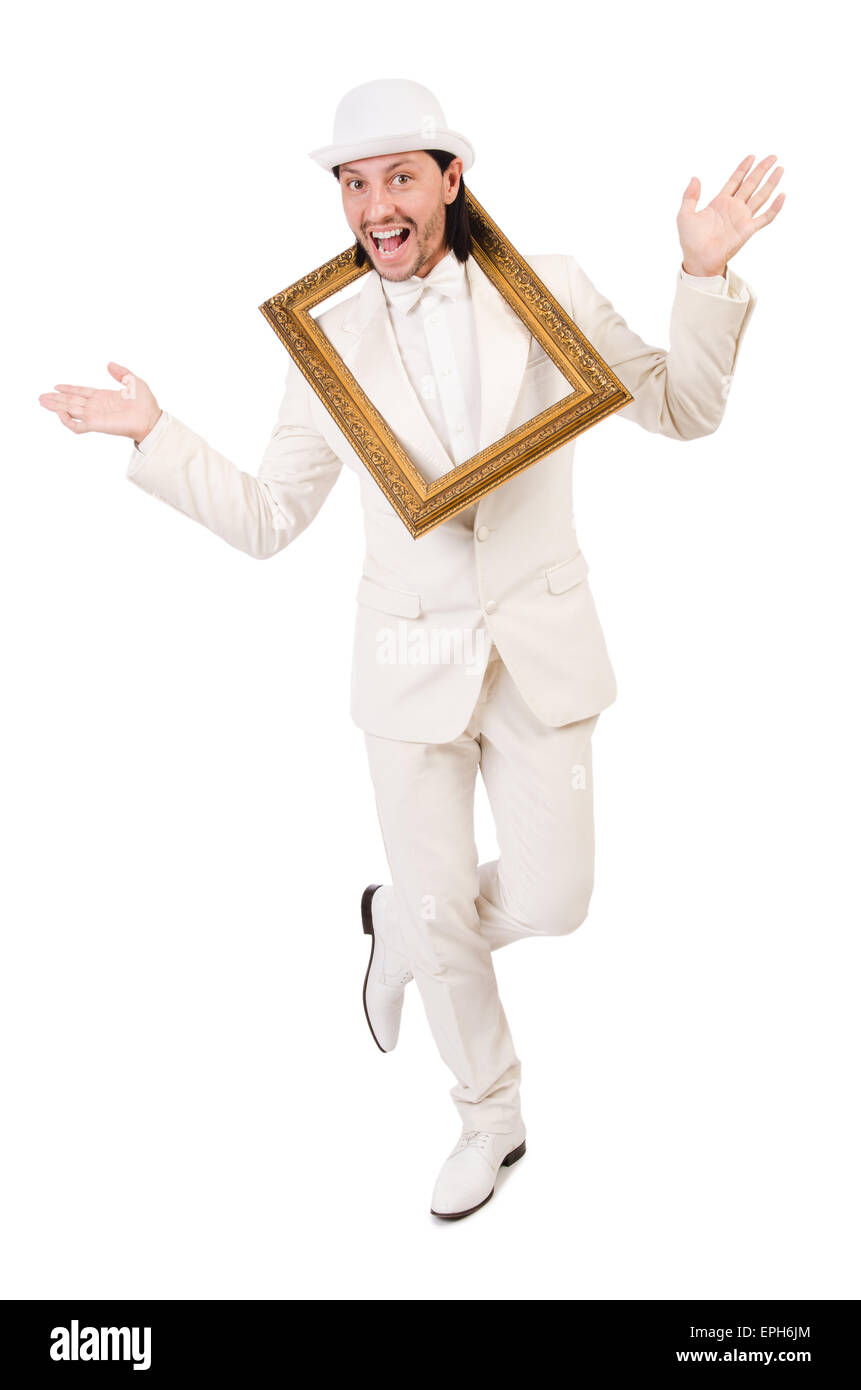 Man in white costume with picture frame Stock Photo Alamy
