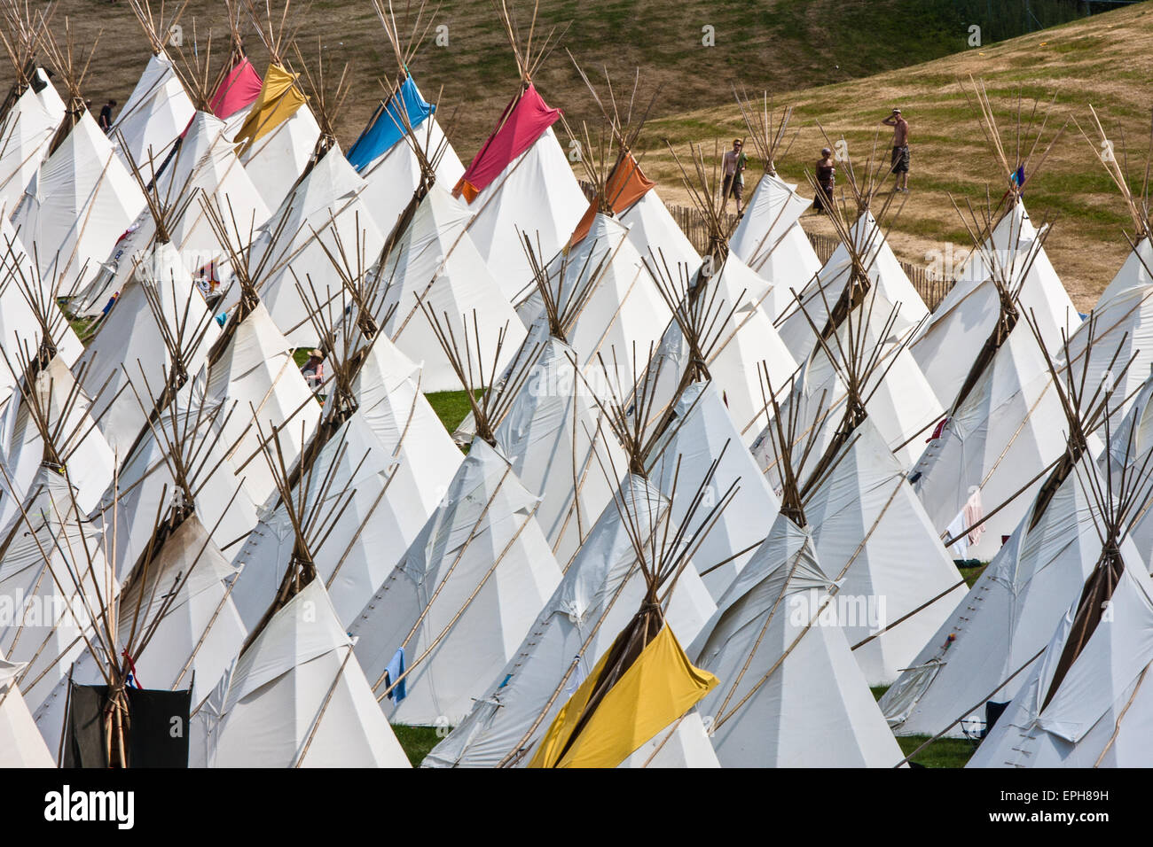 Glamping.Tepee/ tipi,wigwam, tents, available to hire at luxury tent teepee village/Tipi Field, an exclusive area, at, Glastonbury Festival,/ 'Glasto Stock Photo