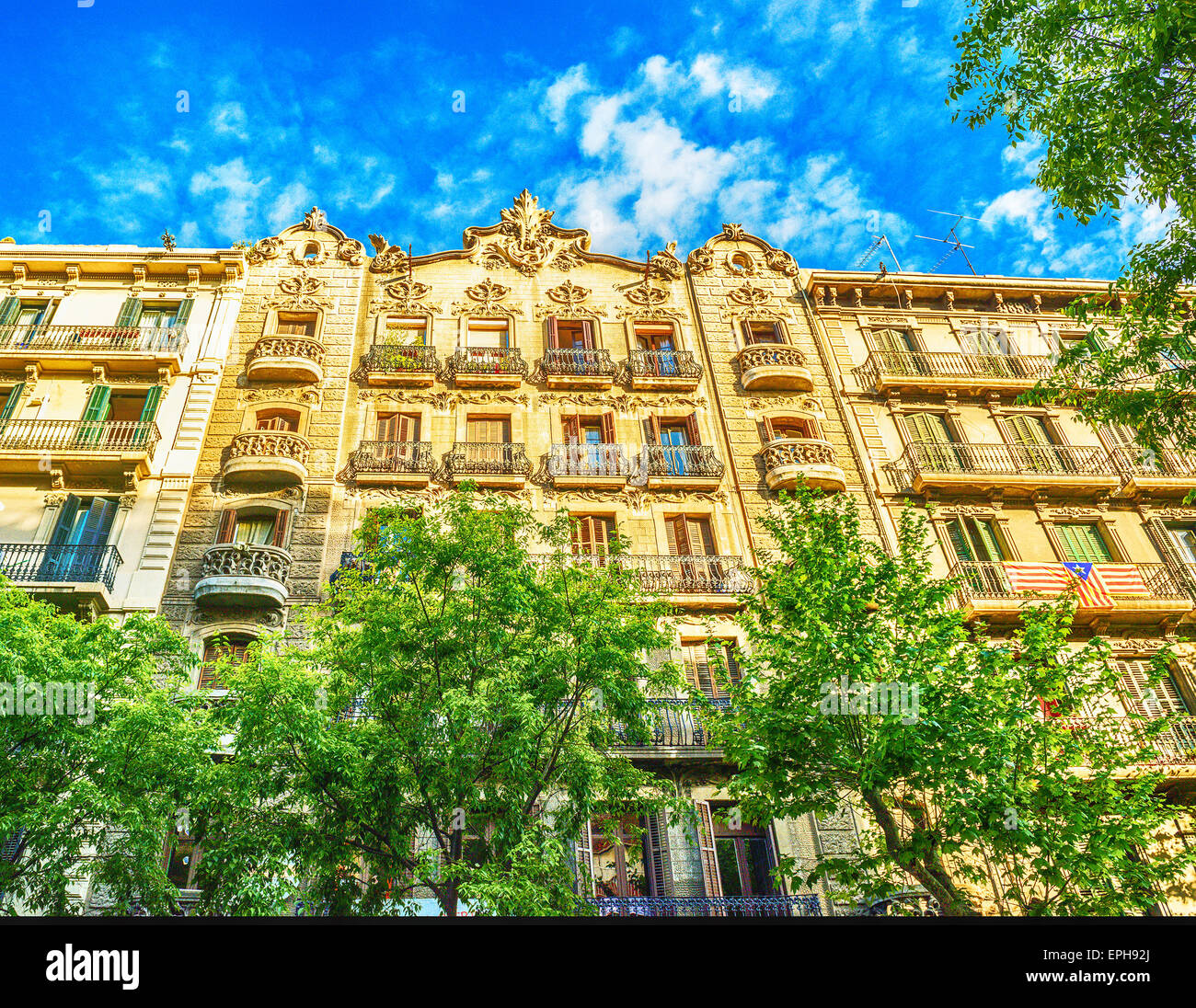 Facade of typical residential building in Eixample district, Barcelona ...