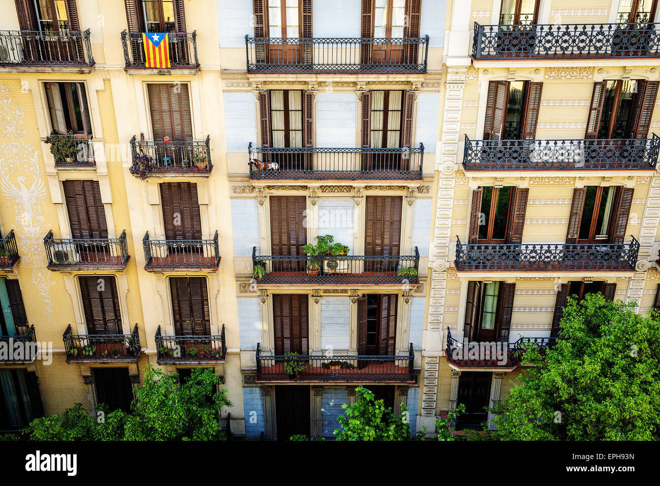 Facade of typical residential building in Eixample district, Barcelona ...