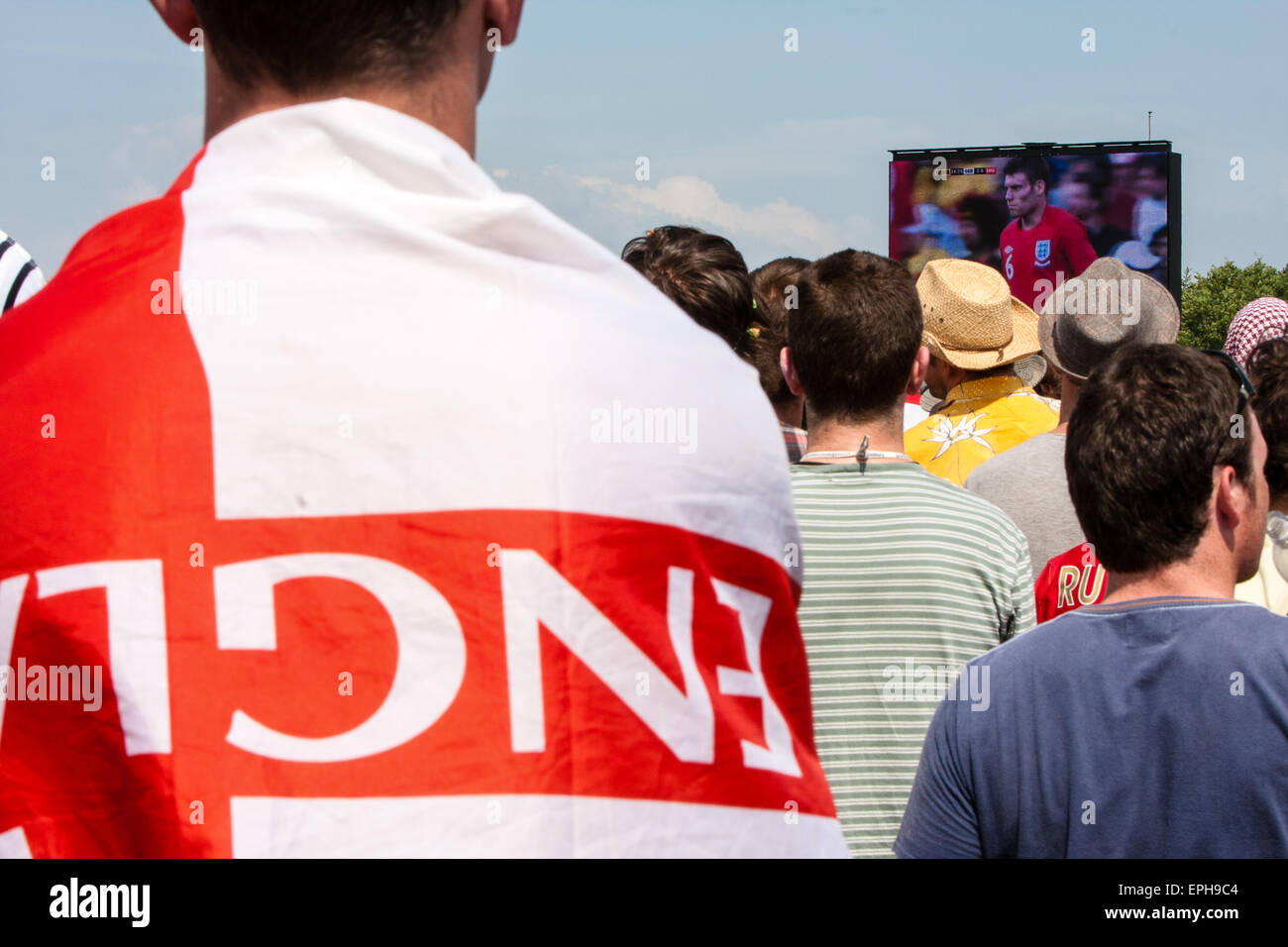 Thousands of football fans watched the football World Cup on giant screens area Glastonbury Festival/ 'Glasto' held on working f Stock Photo