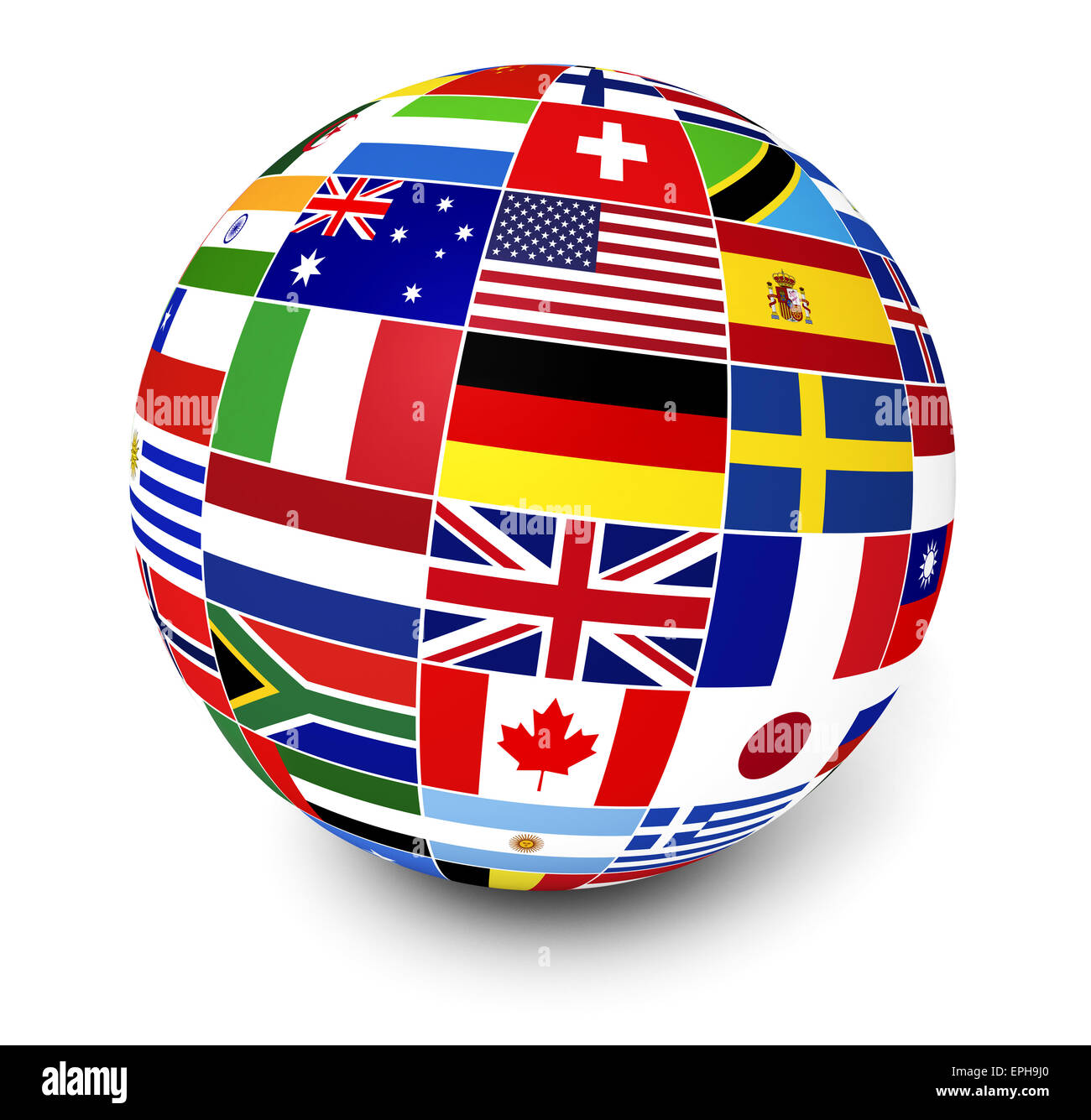 Travel, services and international business management concept with a globe and international flags of the world. Stock Photo