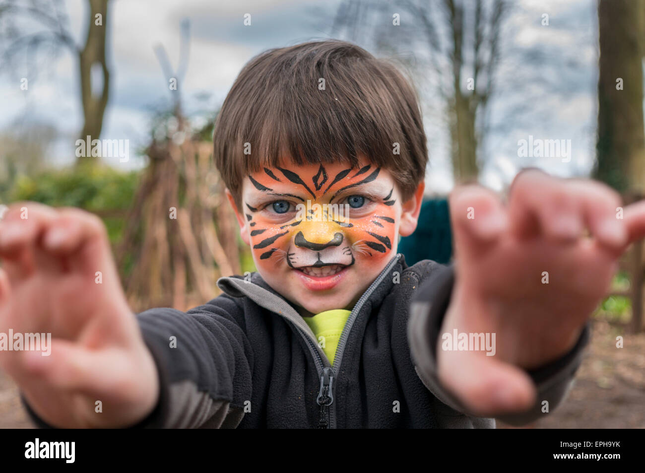 The tiger boy! It's only face paint, its not real! Stock Photo