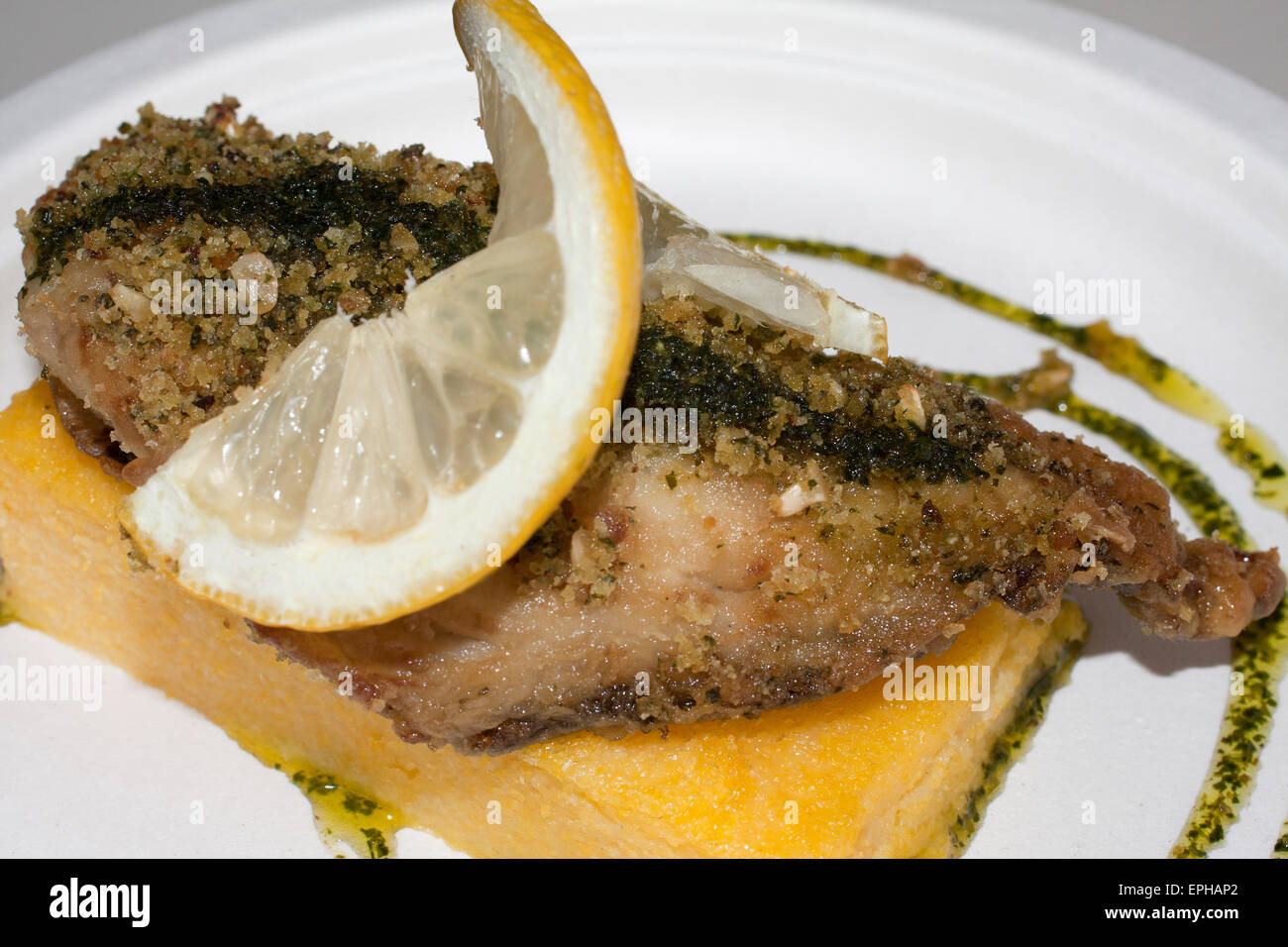 polenta and salt cod, polenta e baccalà con salse, italian seafood Stock Photo