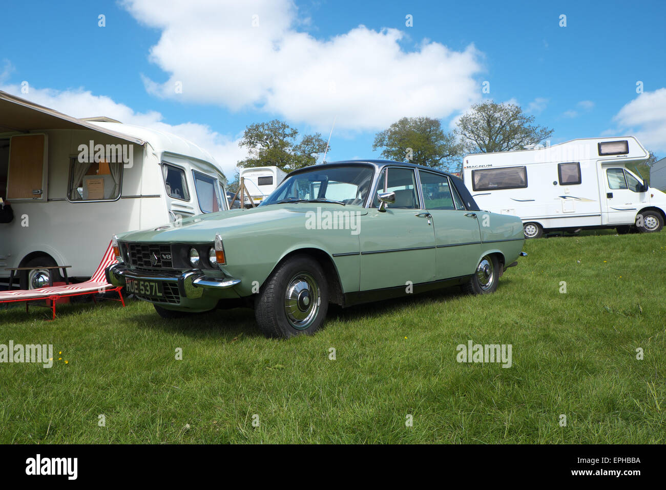 Rover P6 3500 V8 saloon this example registered in 1972 parked in among caravans. Production continued to 1977. Stock Photo