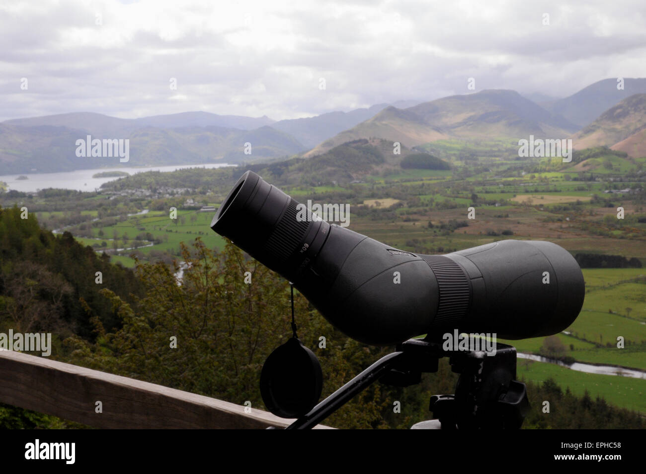 A powerful telescope at the "Ospreywatch" site at Dodd Wood, overlooking the River Derwent and Bassenthwaite. Stock Photo