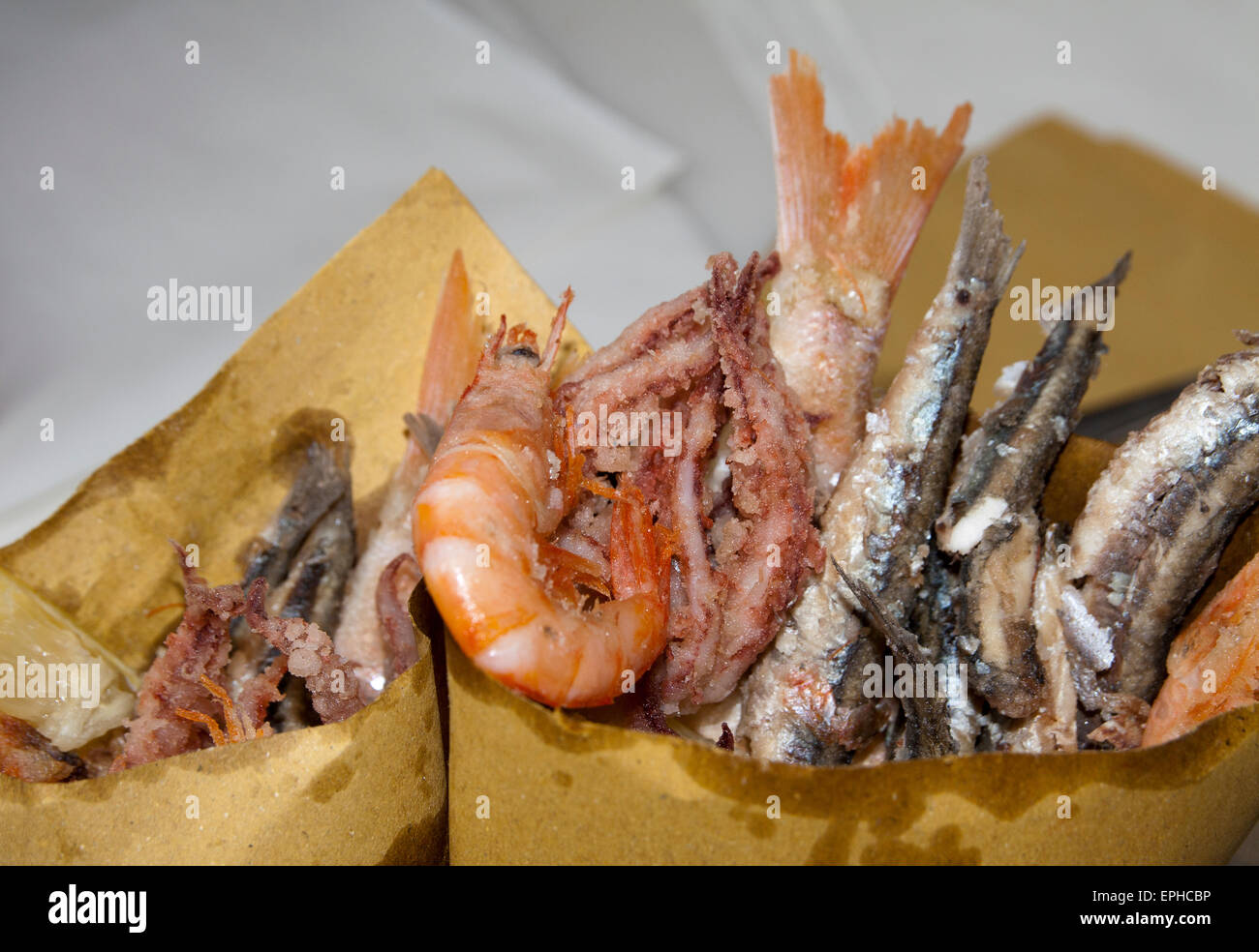 fish fry, with shrimps, squid and anchovies, frittura di pesce Stock Photo