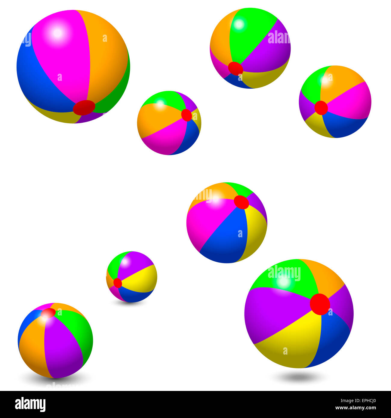 Eight colorful beach balls isolated on white background. Illustration. Stock Photo